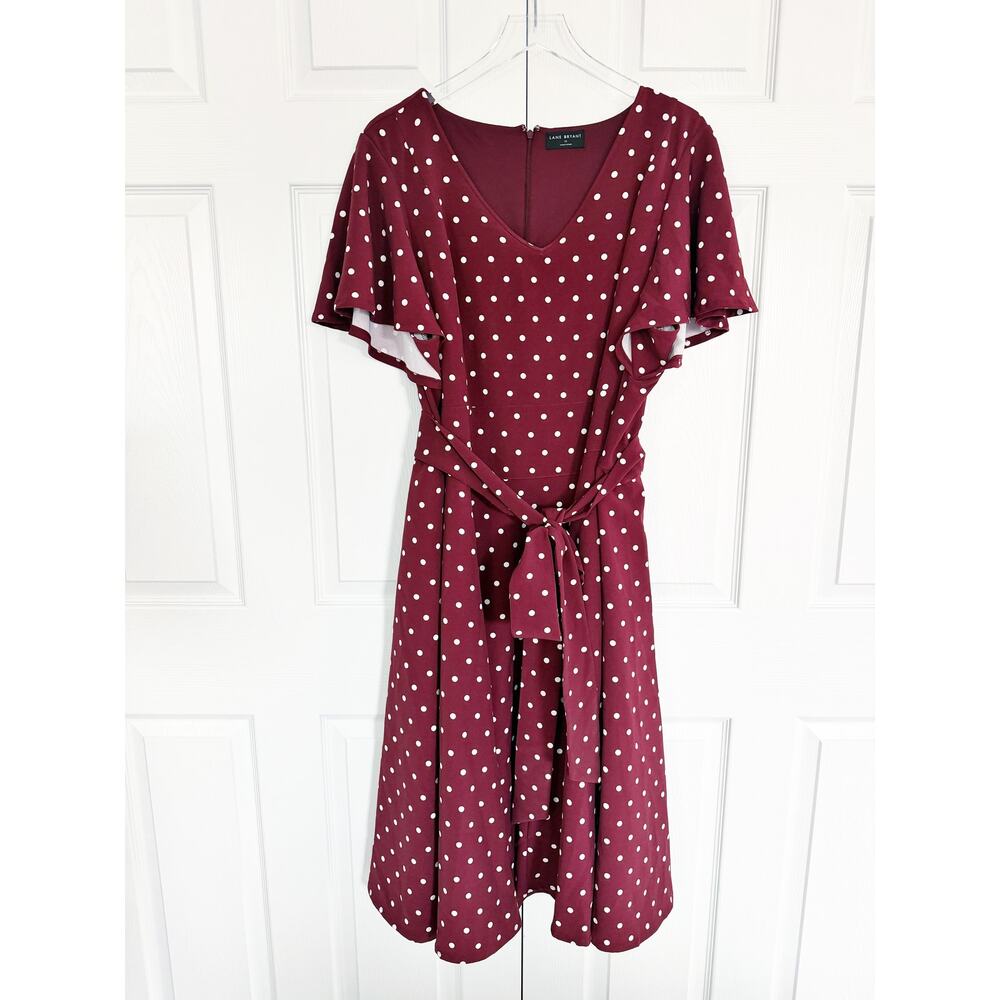 Lane Bryant Lena V-Neck Level-Hem Midi Dress Burgundy Tie Waist Pockets - Picture 2 of 8